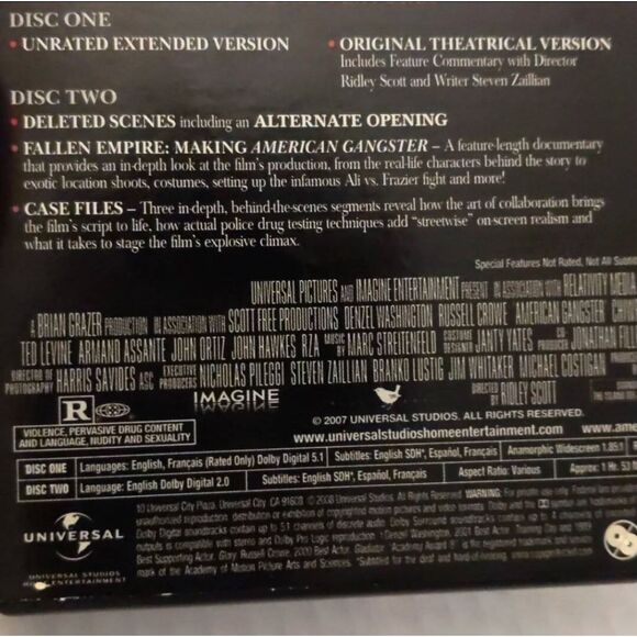 American Gangster DVD 2-Disc Unrated Extended Denzel Washington Slipcover - Picture 9 of 9